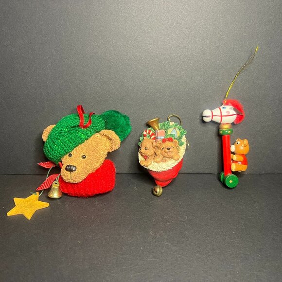 VTG Lot of 3 Ceramic & Wooden Bear Stocking & Riding Horse Christmas Ornaments - Picture 1 of 10